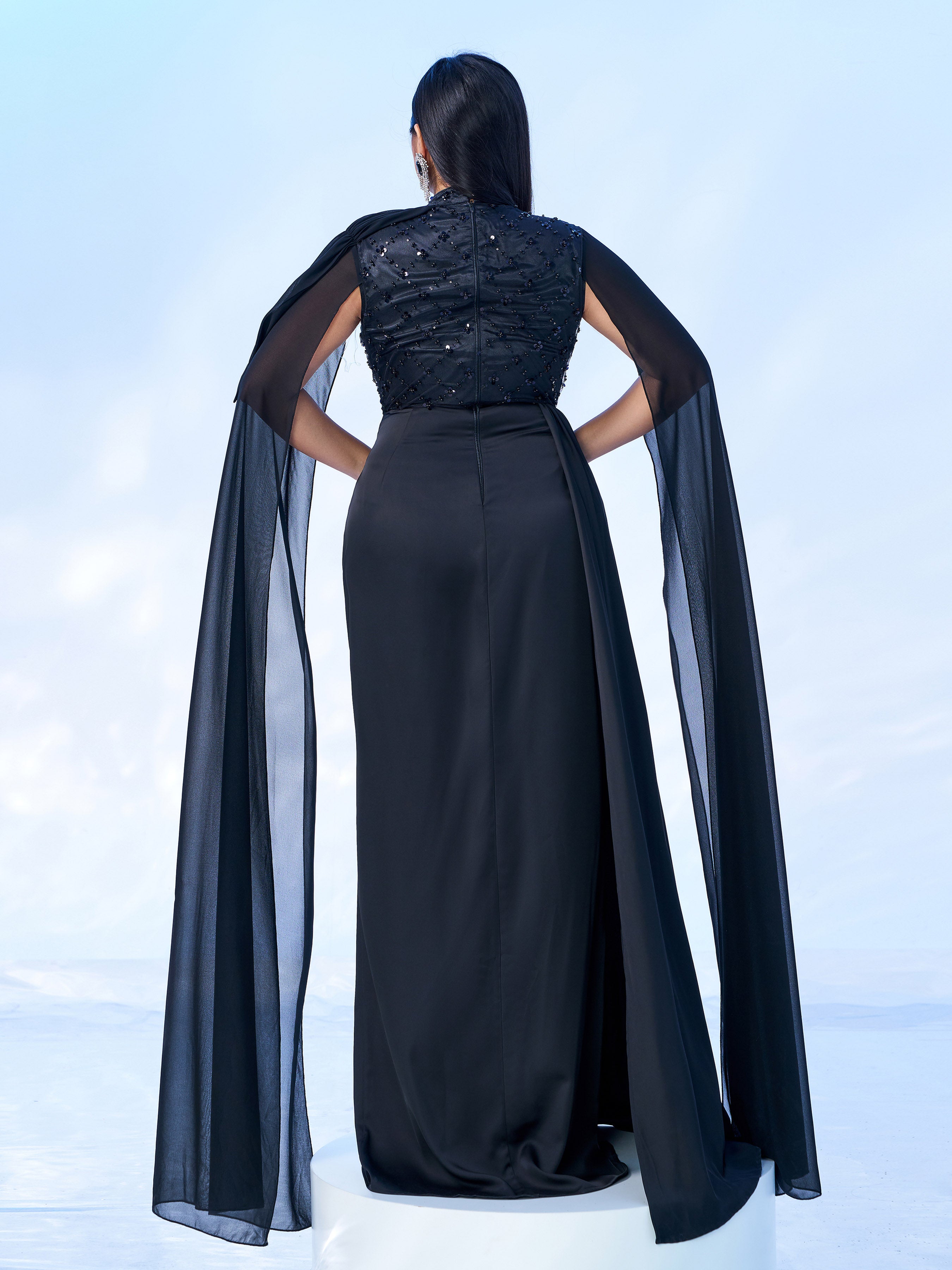 Plus Black Embroidery Mesh Sleeve Prom Dress PRX70252