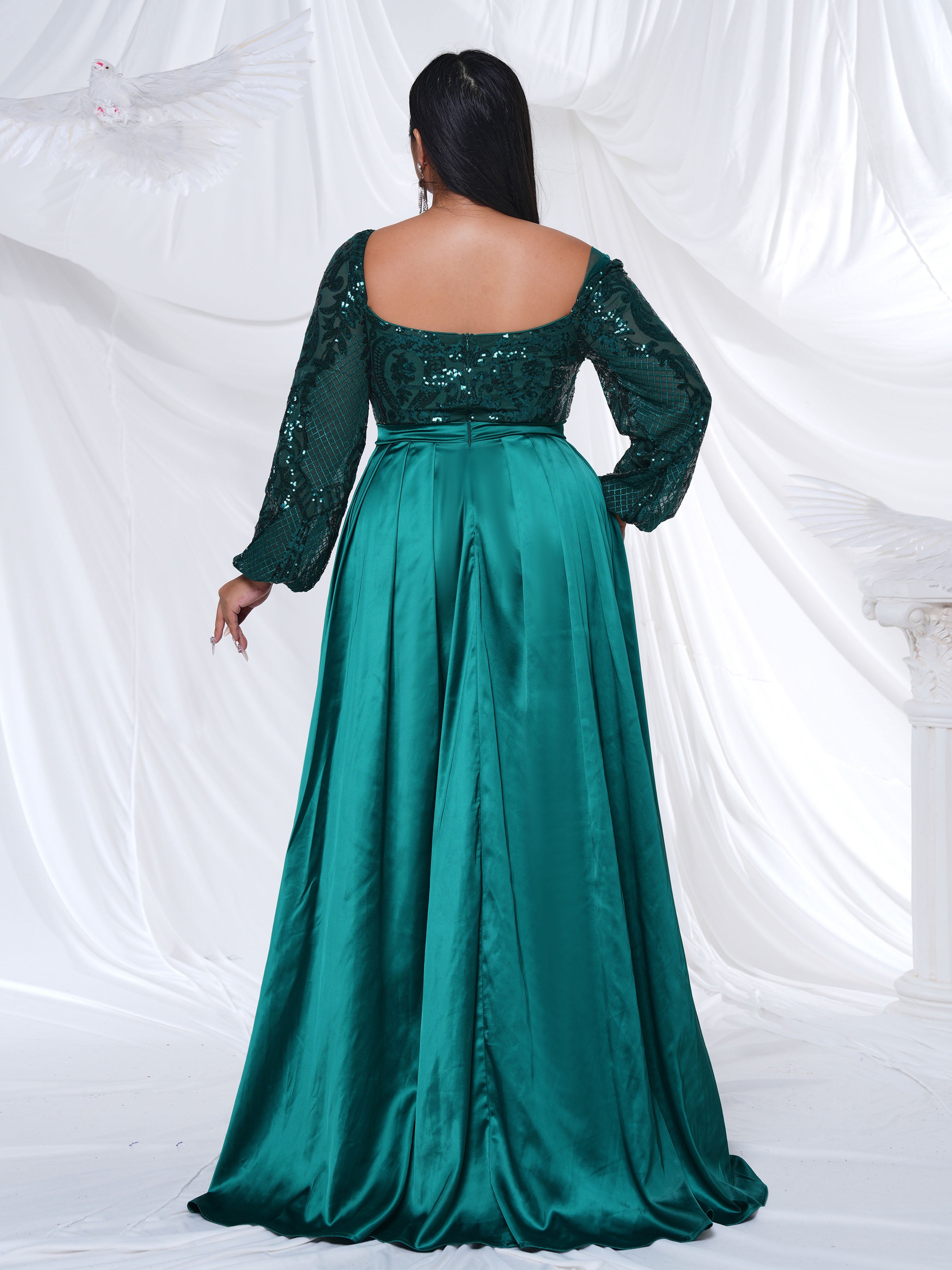 Plus Square Neck A-line Panel Satin Dress PRM21124