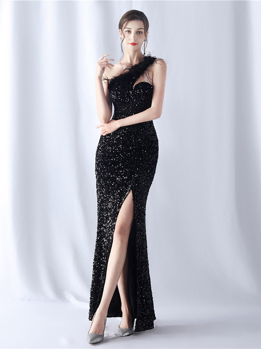 One Shoulder Sequin Feather Cocktail Dress MCW0918