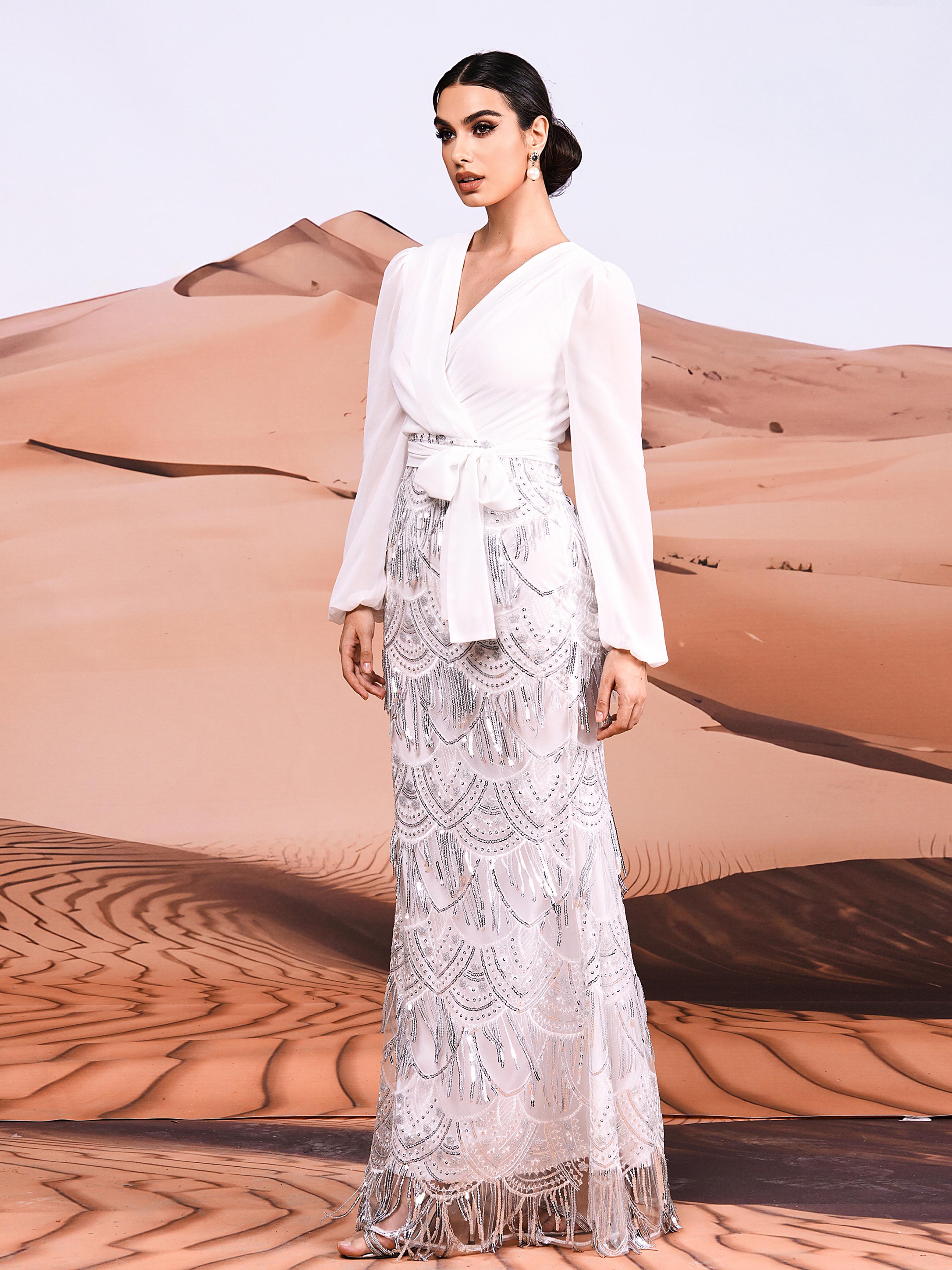 Wrap Panel Fringed Sequin Formal Dress MES00382