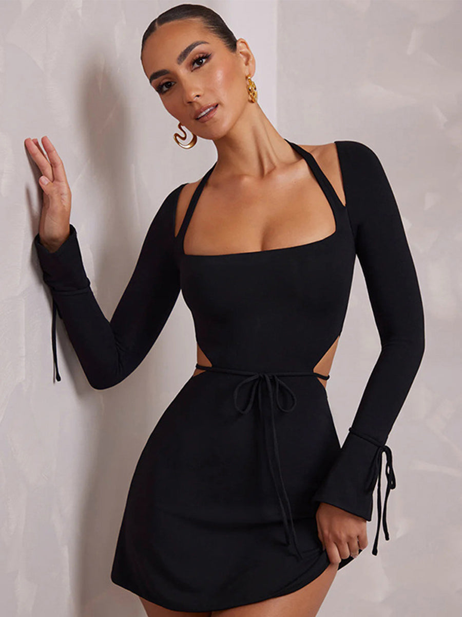 Cutout Halter Long Sleeve Black Mini Dress MCW1215