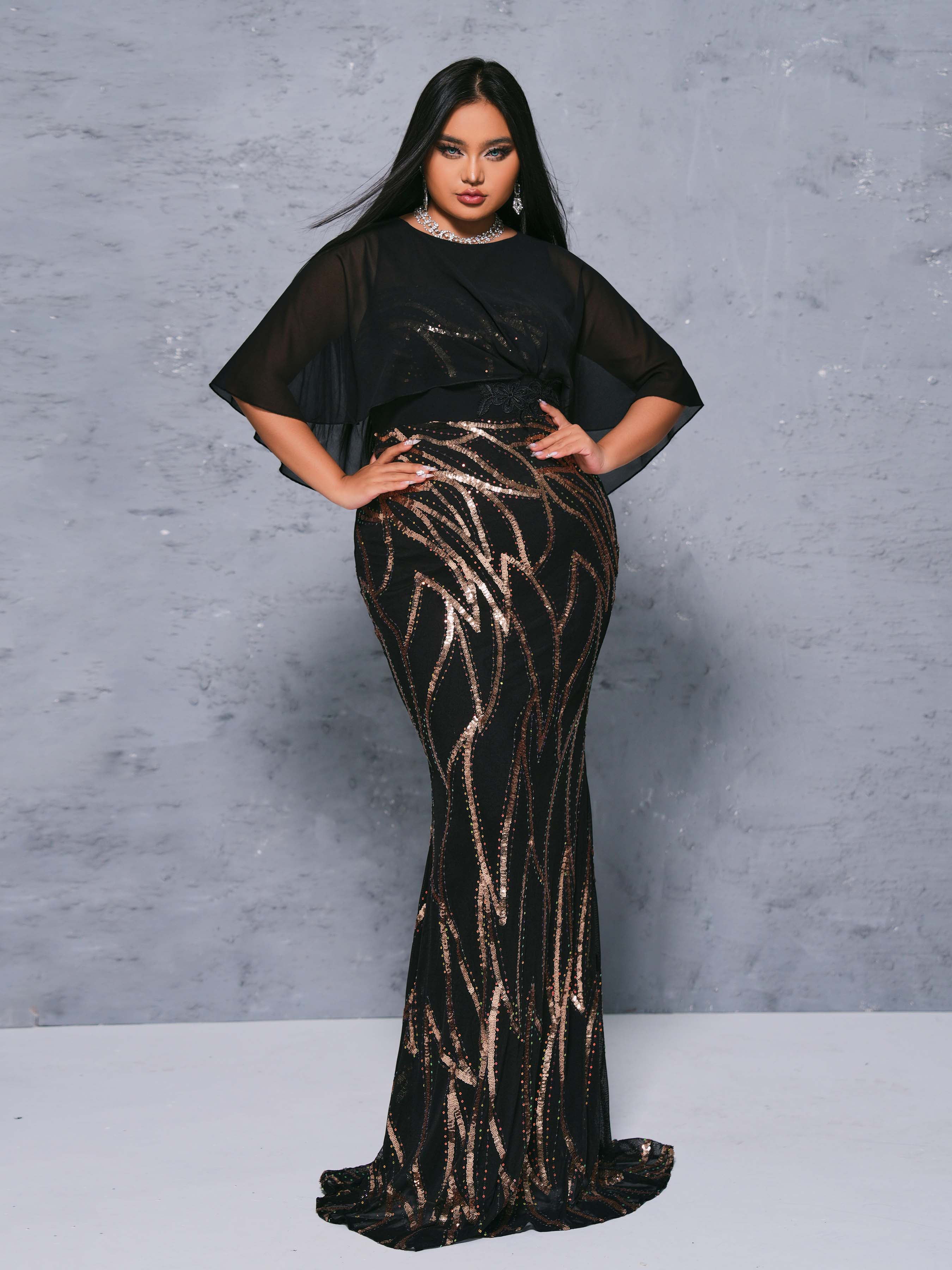 Plus Crew Neck Panel Mermaid Sequin Dress PRM21019