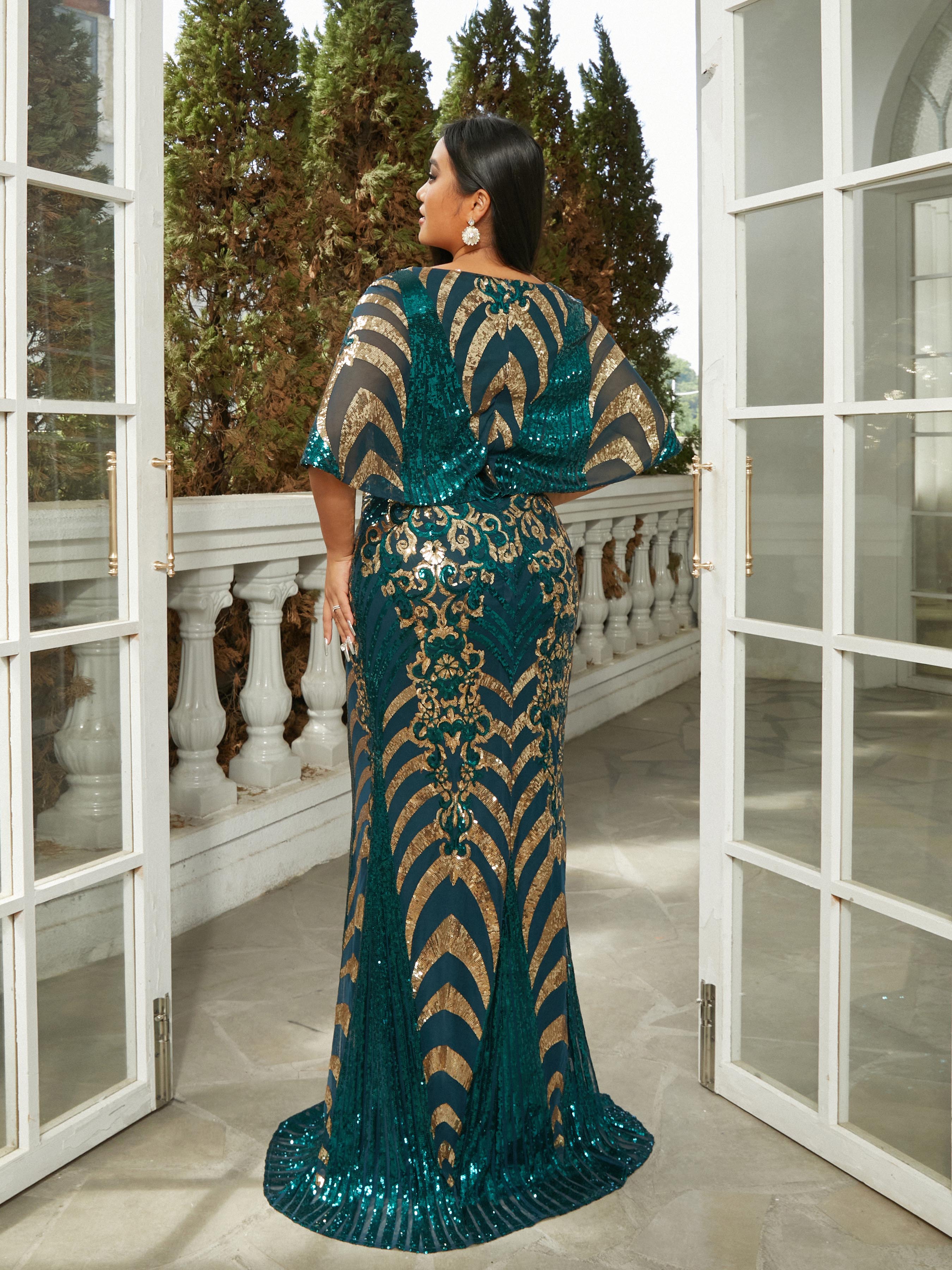 Plus V-neck Mermaid Sequin Green Dress PRH30738