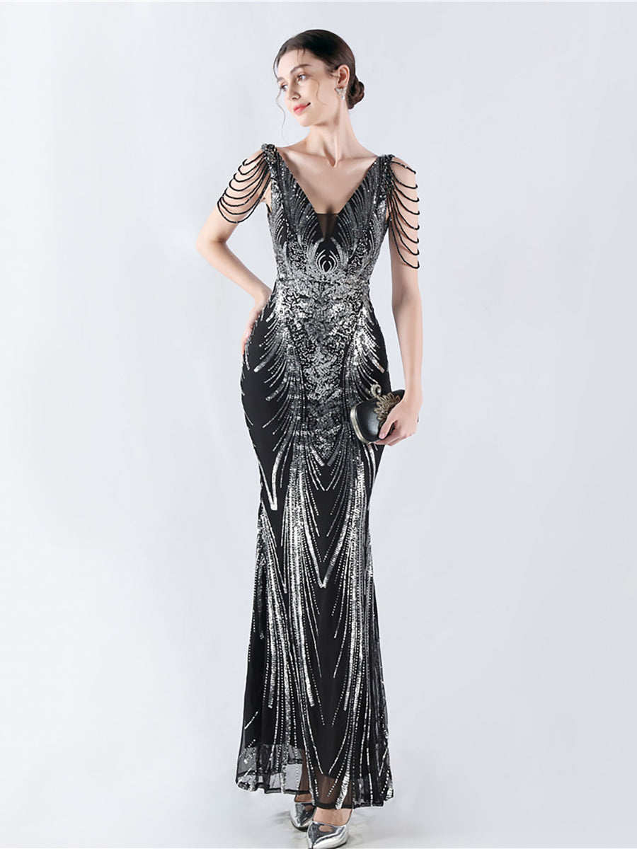 Sequin Beads Chain Cape Prom Dress MCW1142
