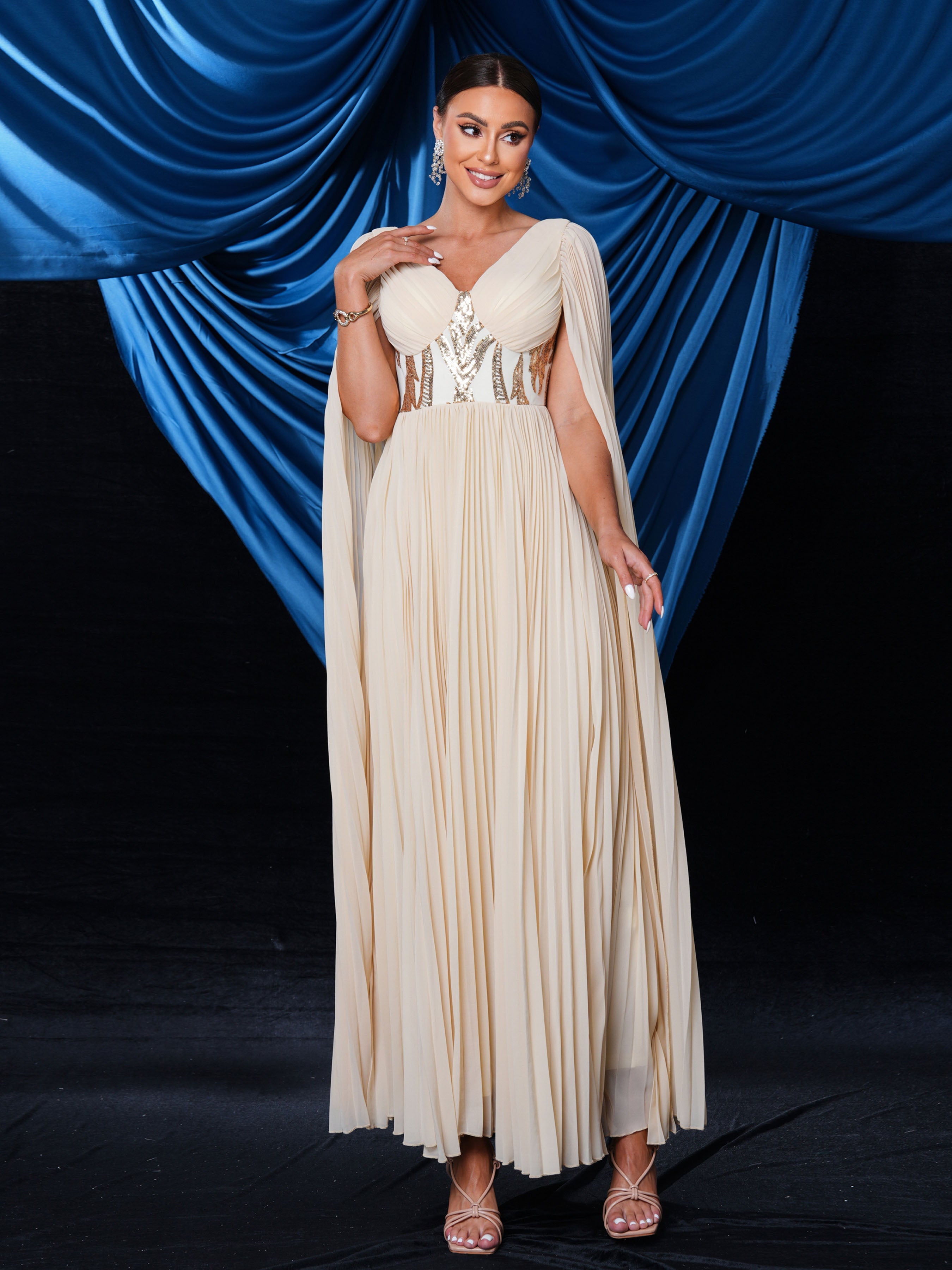 V-neck Cape Sleeve Pleated Tullle Dress MES00563