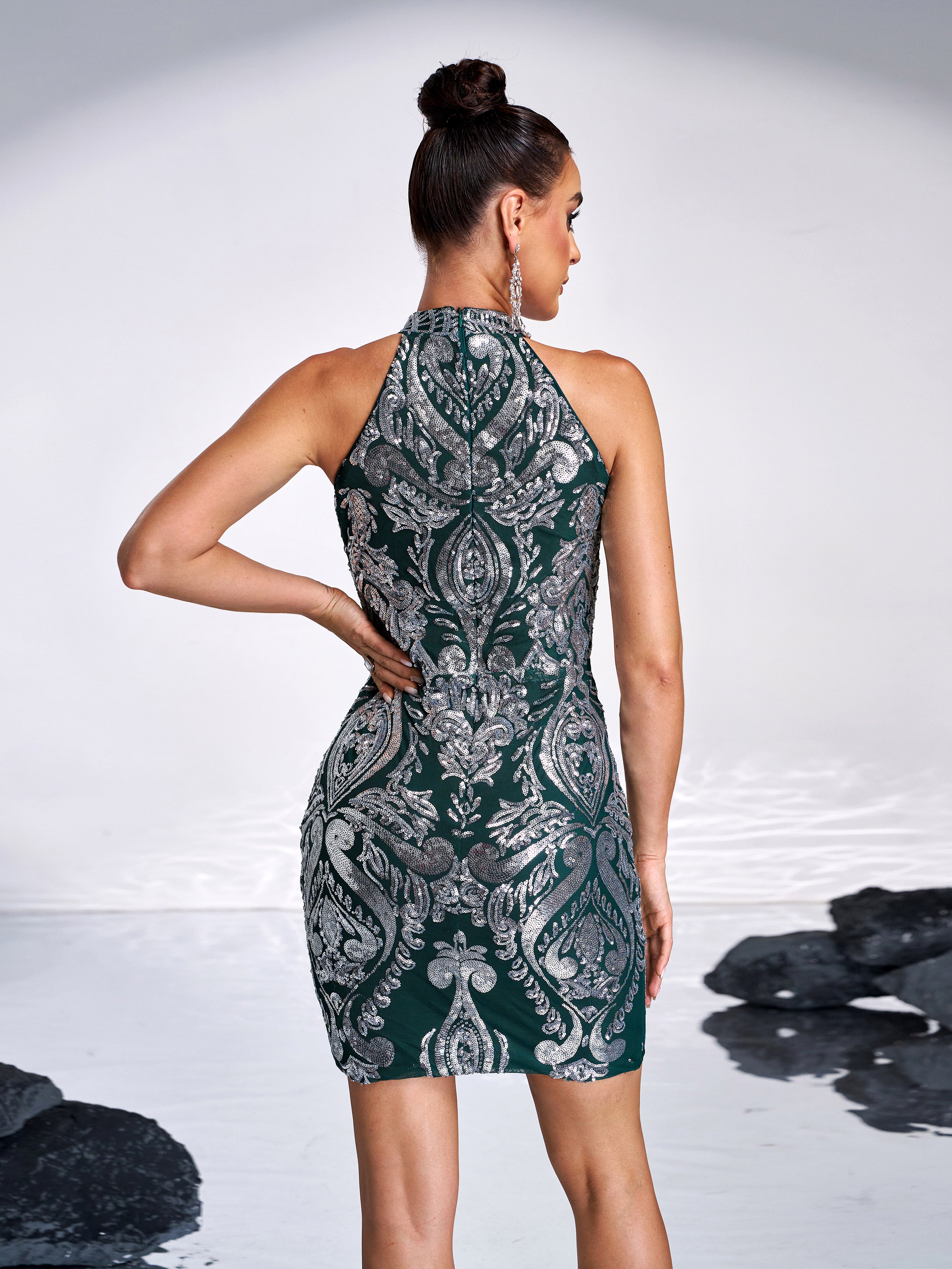 Halterneck Damask Sequin Bodycon Mini Dress FT19757