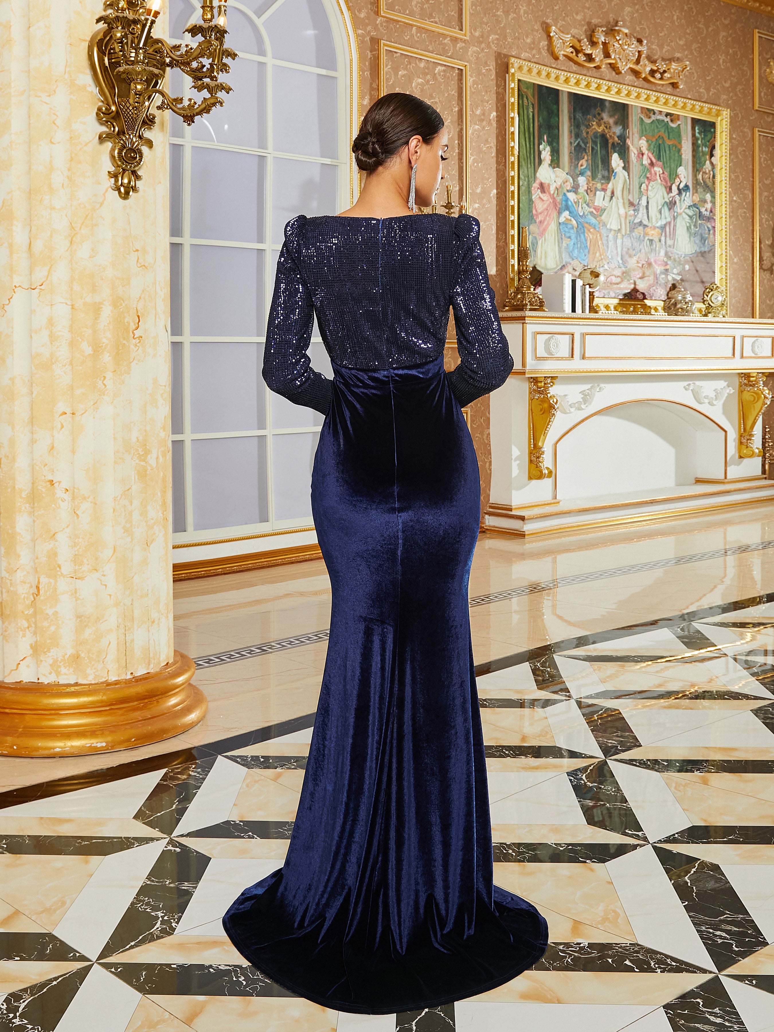 Long Sleeve Velvet Blue Mermaid Dress M02318