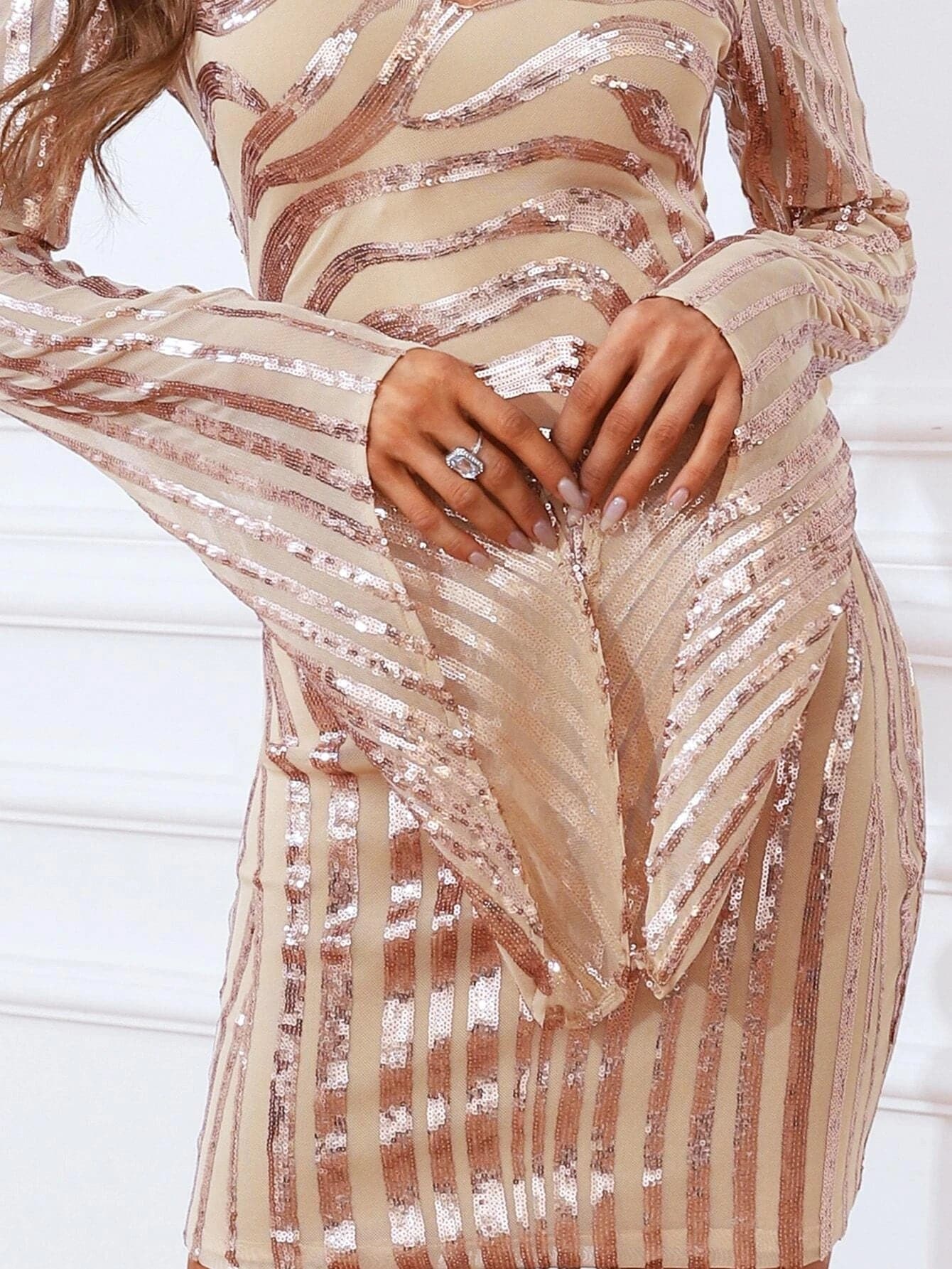 Missord V Neck Sexy Bodycon Gold Sequin Mini Cocktail Dress XJ803